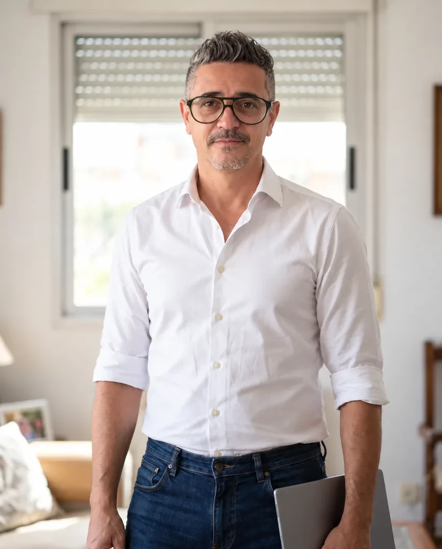 Raúl Cañadas, arquitecto técnico de Revisa360, con camisa blanca y tablet en un salón luminoso.